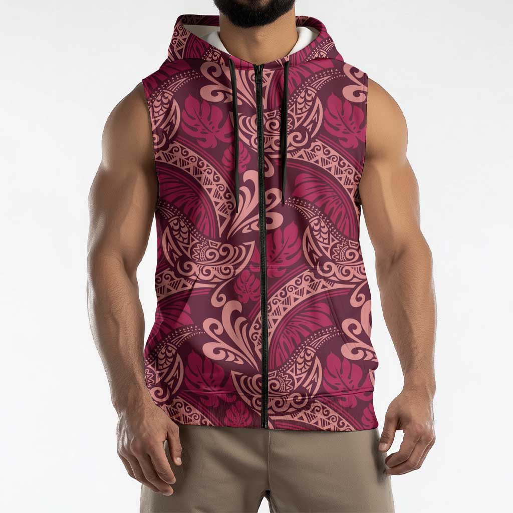 Sweet Pink Monstera Sleeveless Zip Hoodie Polynesian Tribal Pattern - Polynesian Pride