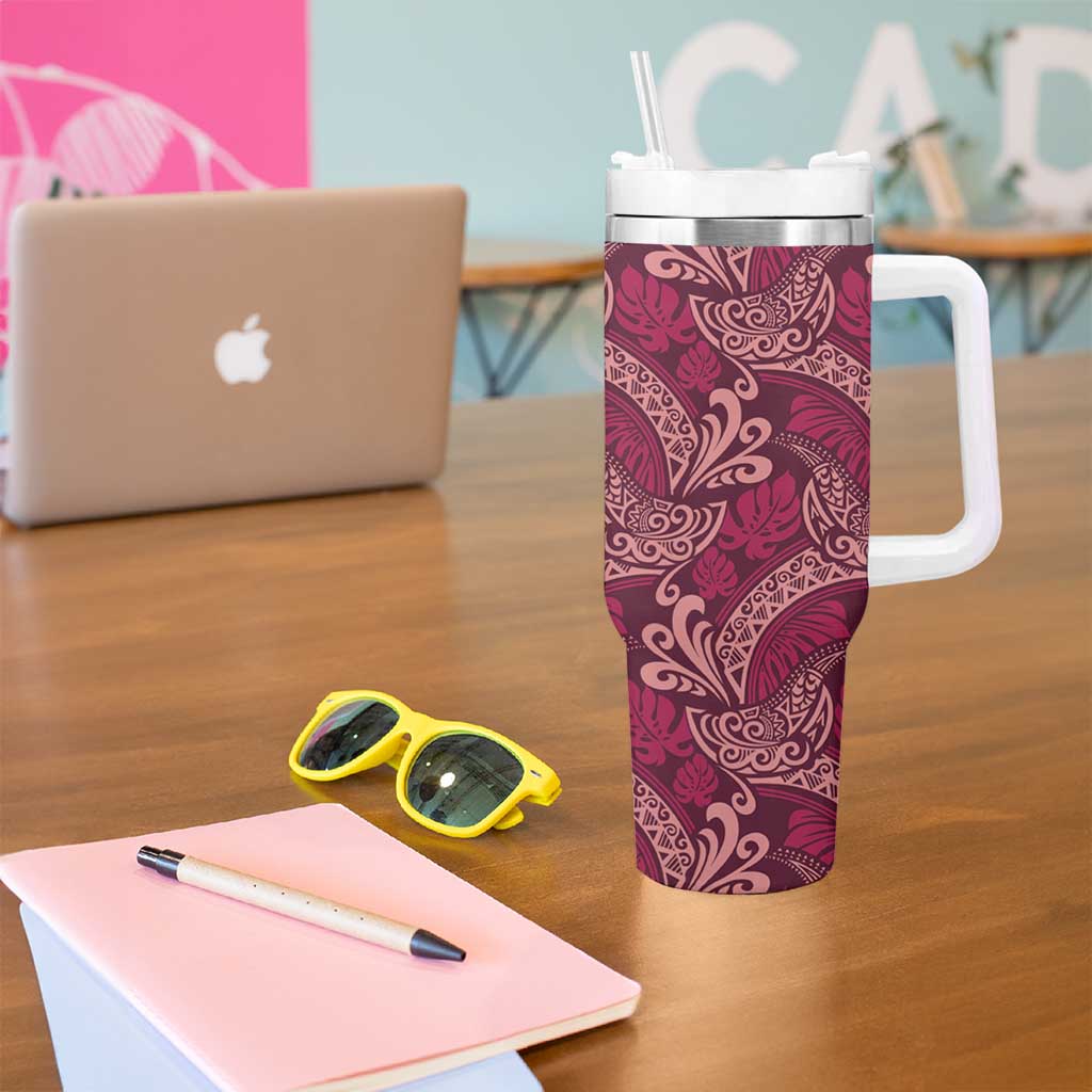 Sweet Pink Monstera Tumbler With Handle Polynesian Tribal Pattern - Polynesian Pride