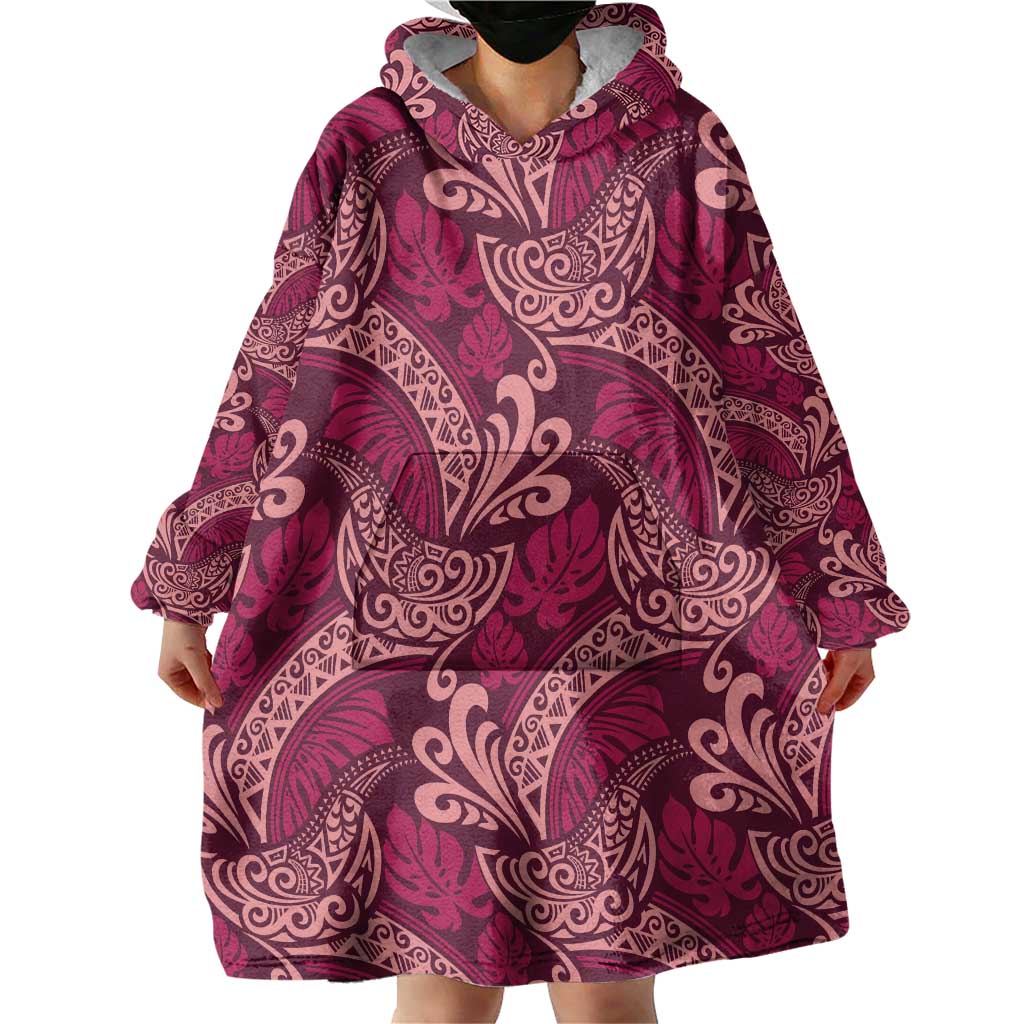 Sweet Pink Monstera Wearable Blanket Hoodie Polynesian Tribal Pattern - Polynesian Pride