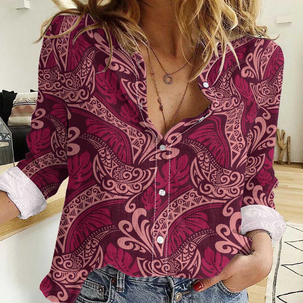 Sweet Pink Monstera Women Casual Shirt Polynesian Tribal Pattern - Polynesian Pride