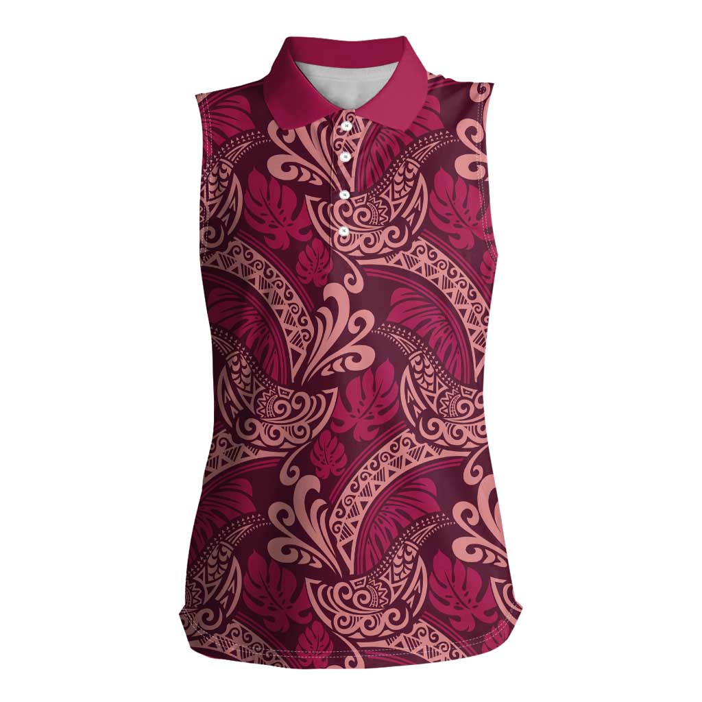 Sweet Pink Monstera Women Sleeveless Polo Shirt Polynesian Tribal Pattern - Polynesian Pride