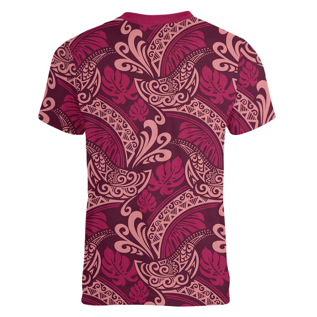 Sweet Pink Monstera Women V-Neck T-Shirt Polynesian Tribal Pattern - Polynesian Pride