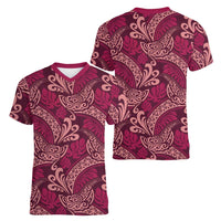 Sweet Pink Monstera Women V-Neck T-Shirt Polynesian Tribal Pattern - Polynesian Pride