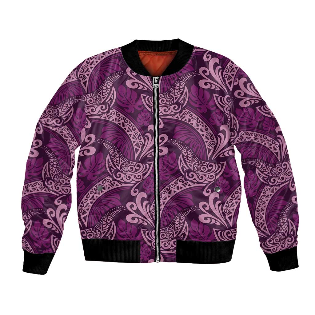 Royal Purple Monstera Bomber Jacket Polynesian Tribal Pattern - Polynesian Pride