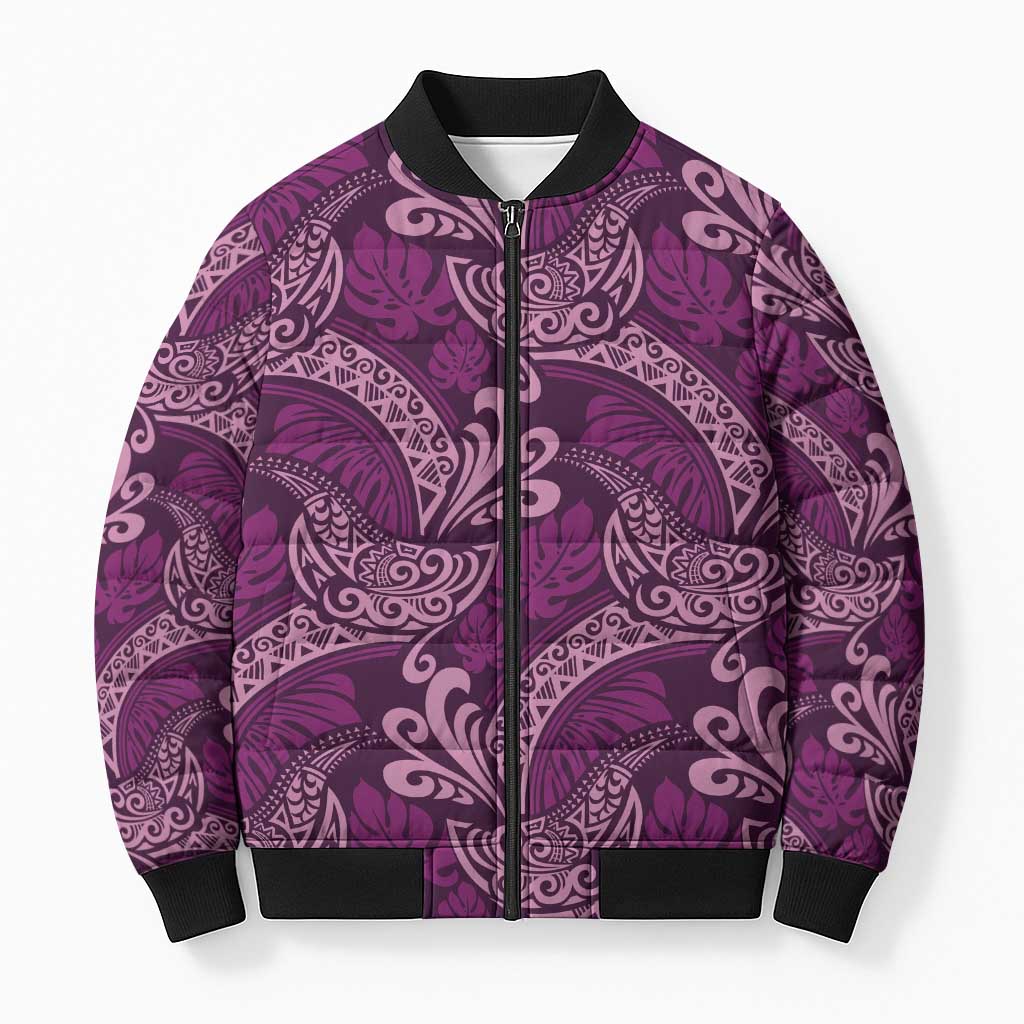 Royal Purple Monstera Bomber Puffer Jacket Polynesian Tribal Pattern - Polynesian Pride
