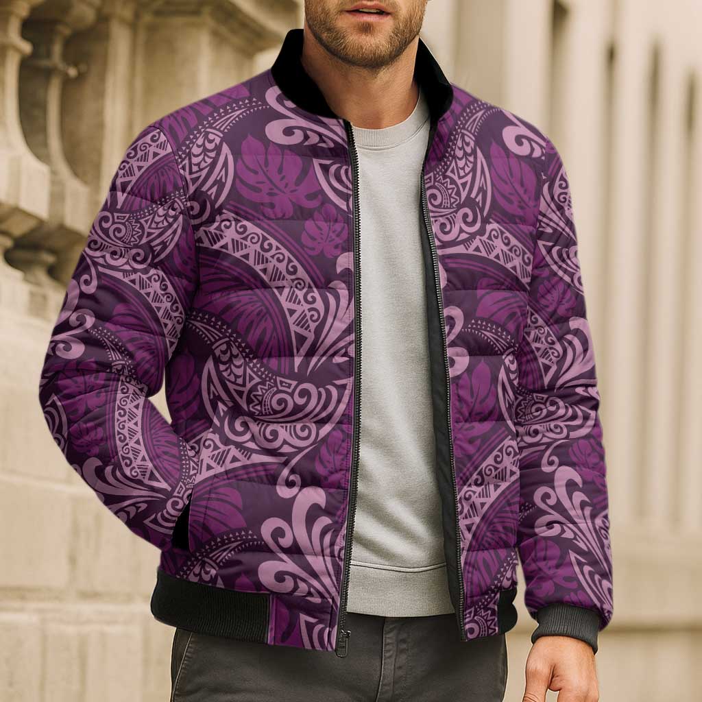 Royal Purple Monstera Bomber Puffer Jacket Polynesian Tribal Pattern - Polynesian Pride