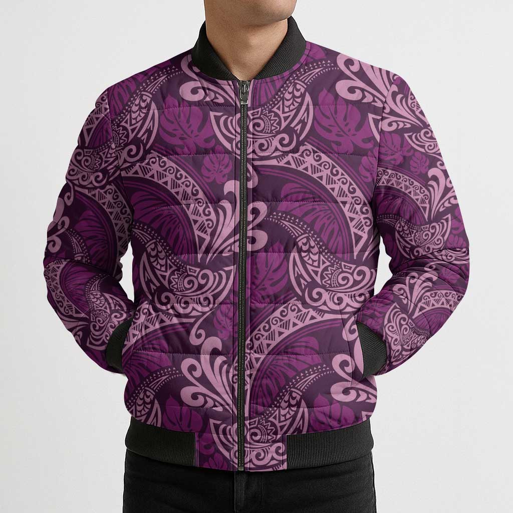 Royal Purple Monstera Bomber Puffer Jacket Polynesian Tribal Pattern - Polynesian Pride