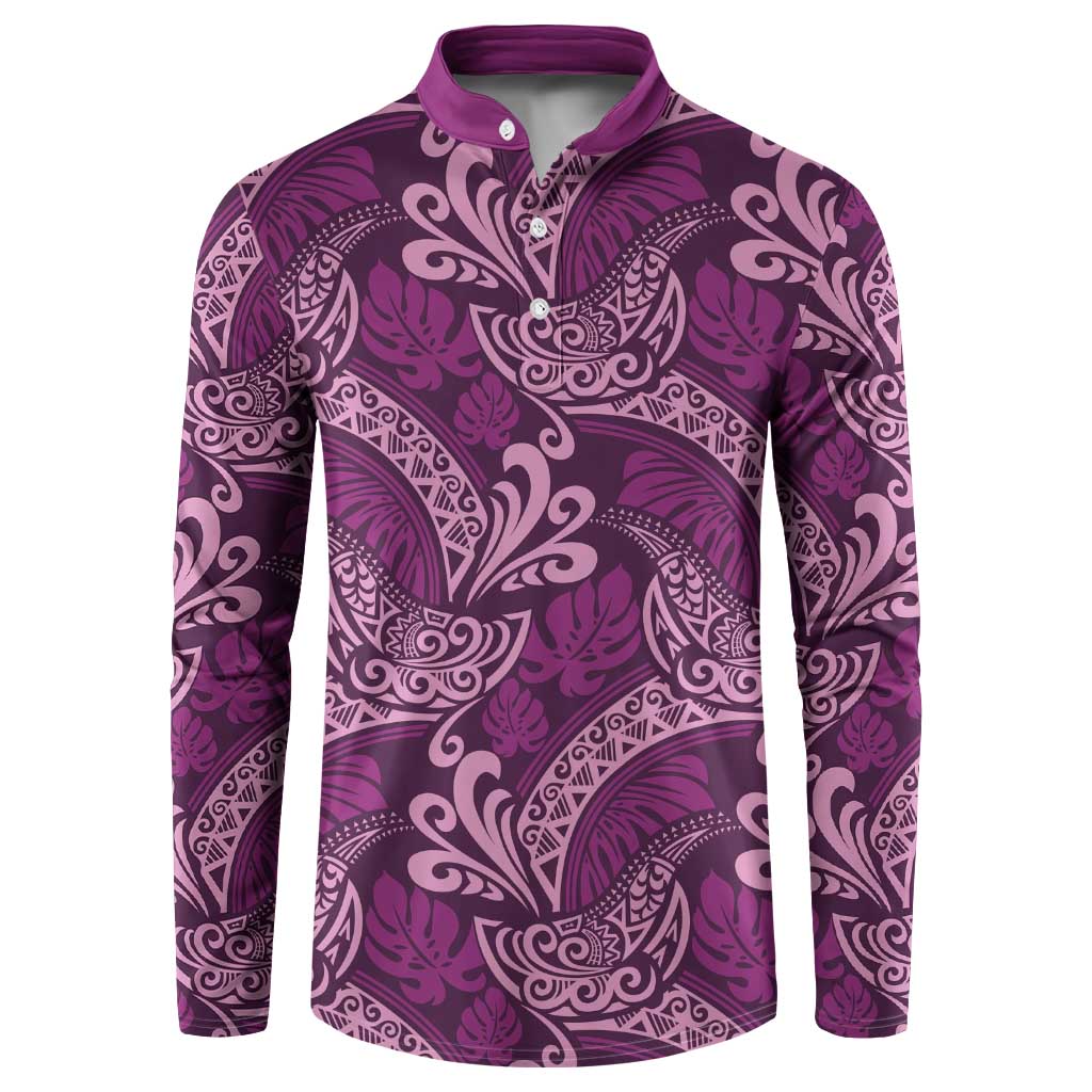 Royal Purple Monstera Button Sweatshirt Polynesian Tribal Pattern - Polynesian Pride