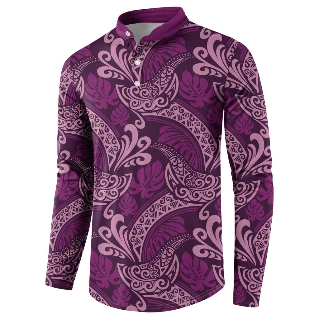 Royal Purple Monstera Button Sweatshirt Polynesian Tribal Pattern - Polynesian Pride