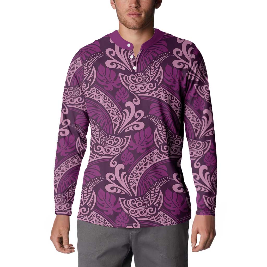 Royal Purple Monstera Button Sweatshirt Polynesian Tribal Pattern - Polynesian Pride