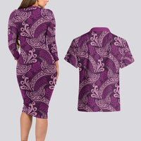 Royal Purple Monstera Couples Matching Long Sleeve Bodycon Dress and Hawaiian Shirt Polynesian Tribal Pattern - Polynesian Pride