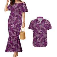Royal Purple Monstera Couples Matching Mermaid Dress and Hawaiian Shirt Polynesian Tribal Pattern - Polynesian Pride
