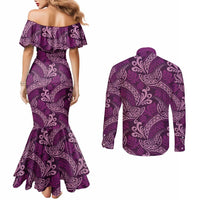 Royal Purple Monstera Couples Matching Mermaid Dress and Long Sleeve Button Shirt Polynesian Tribal Pattern - Polynesian Pride