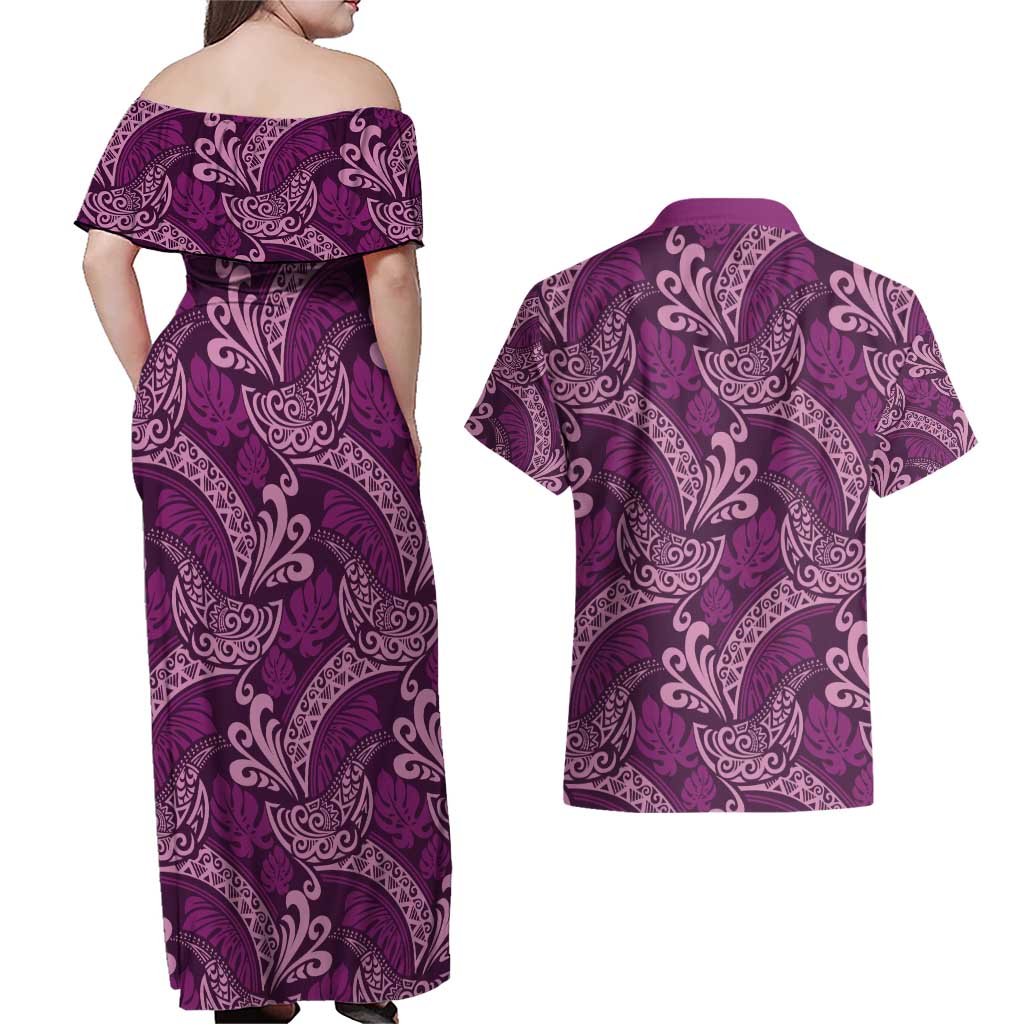 Royal Purple Monstera Couples Matching Off Shoulder Maxi Dress and Hawaiian Shirt Polynesian Tribal Pattern - Polynesian Pride