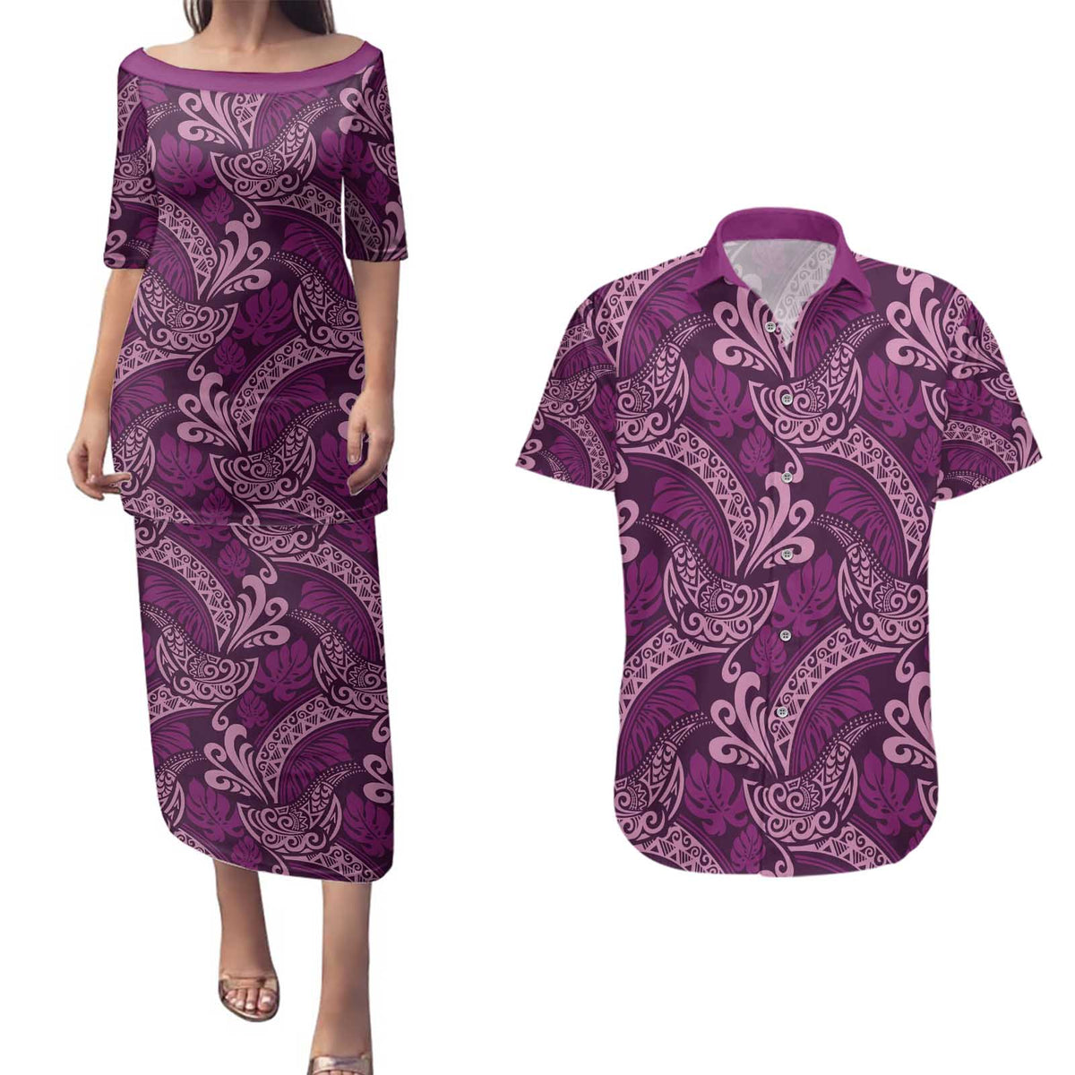 Royal Purple Monstera Couples Matching Puletasi and Hawaiian Shirt Polynesian Tribal Pattern - Polynesian Pride
