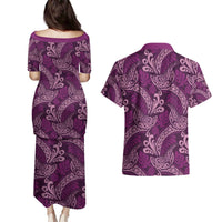 Royal Purple Monstera Couples Matching Puletasi and Hawaiian Shirt Polynesian Tribal Pattern - Polynesian Pride