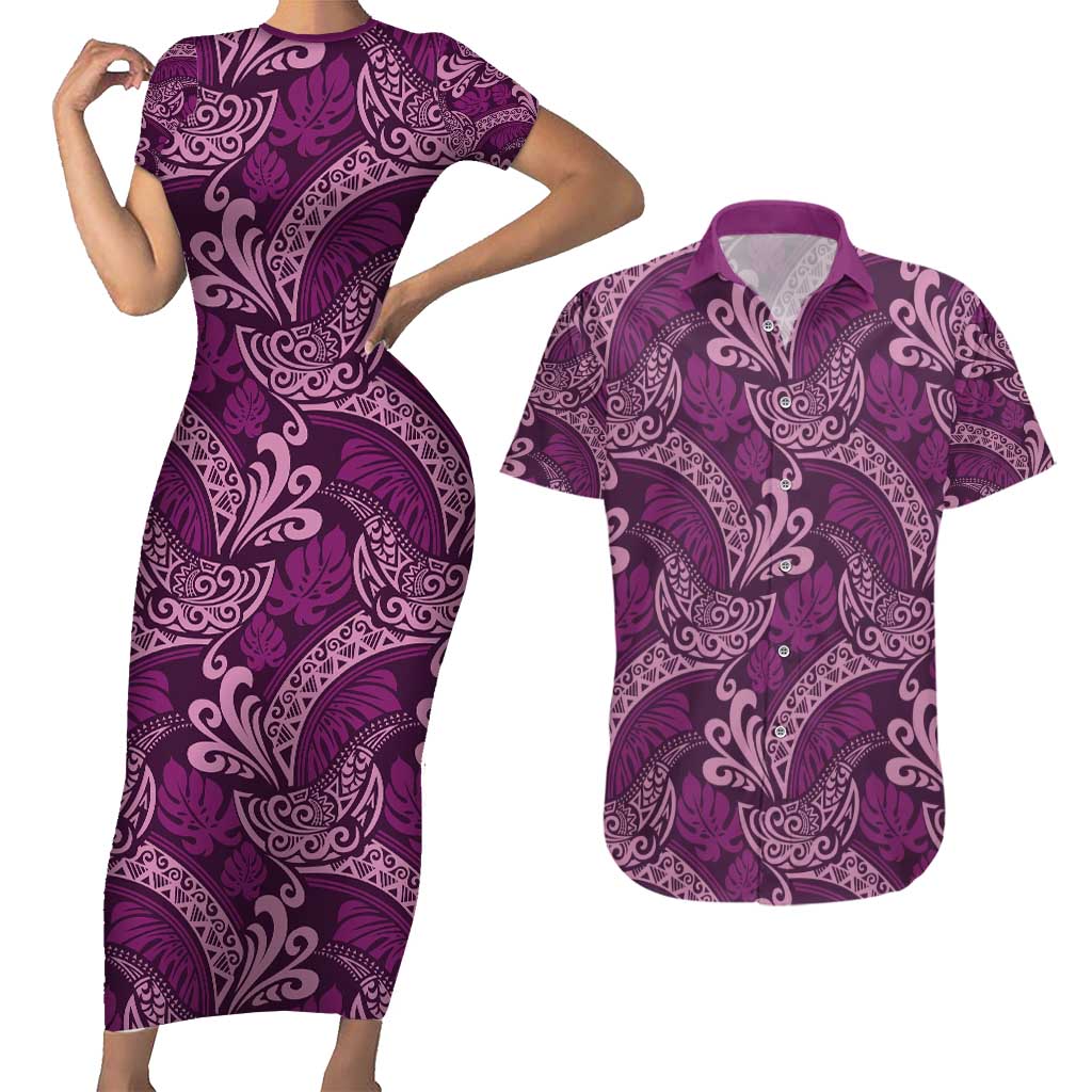 Royal Purple Monstera Couples Matching Short Sleeve Bodycon Dress and Hawaiian Shirt Polynesian Tribal Pattern - Polynesian Pride