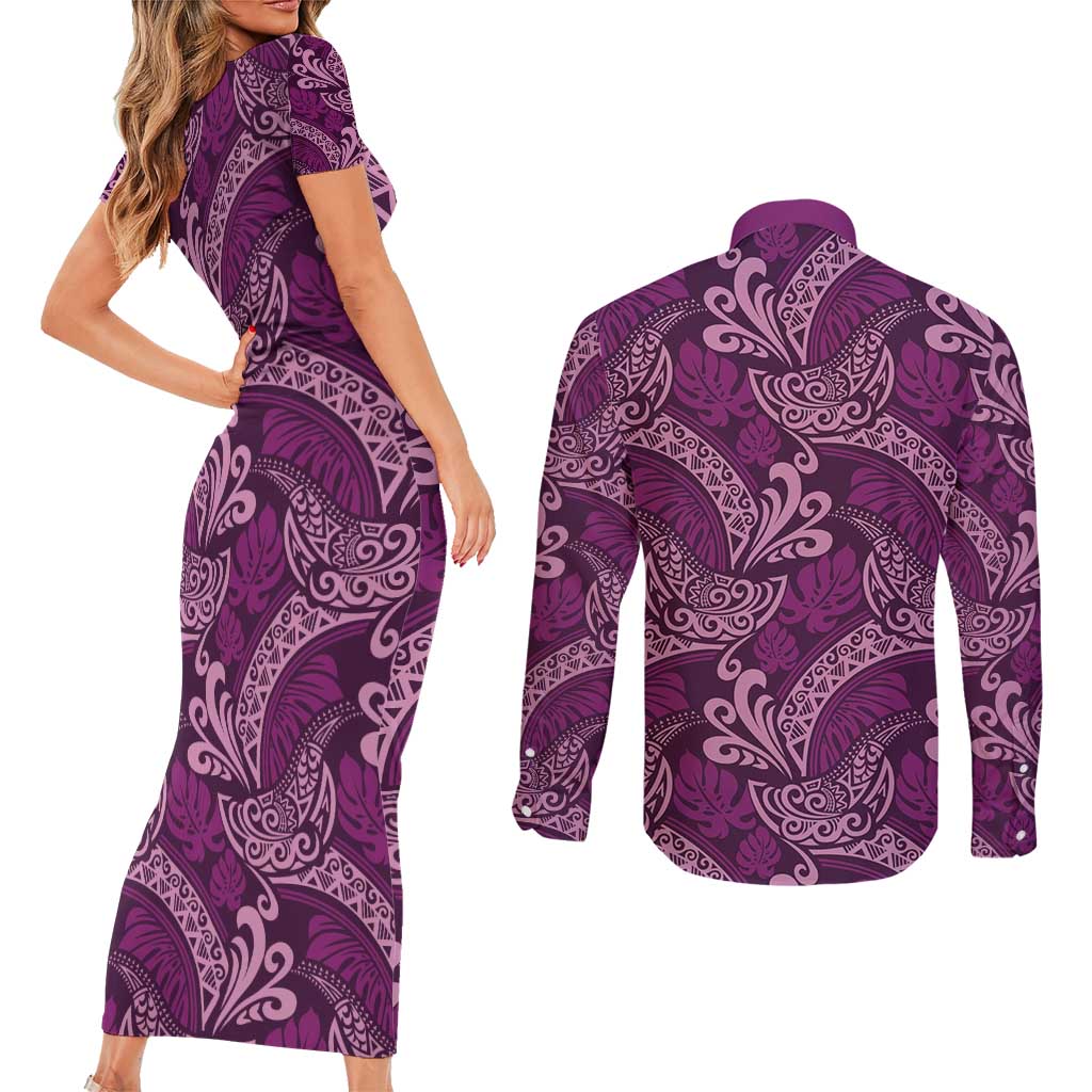 Royal Purple Monstera Couples Matching Short Sleeve Bodycon Dress and Long Sleeve Button Shirt Polynesian Tribal Pattern - Polynesian Pride