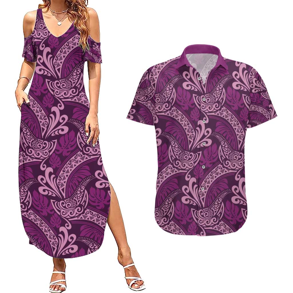 Royal Purple Monstera Couples Matching Summer Maxi Dress and Hawaiian Shirt Polynesian Tribal Pattern - Polynesian Pride
