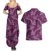 Royal Purple Monstera Couples Matching Summer Maxi Dress and Hawaiian Shirt Polynesian Tribal Pattern - Polynesian Pride