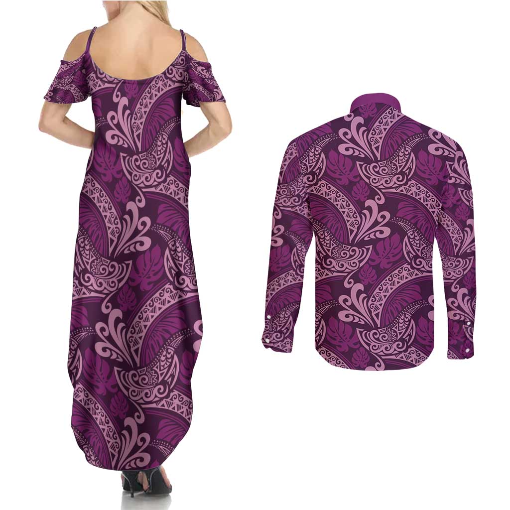 Royal Purple Monstera Couples Matching Summer Maxi Dress and Long Sleeve Button Shirt Polynesian Tribal Pattern - Polynesian Pride
