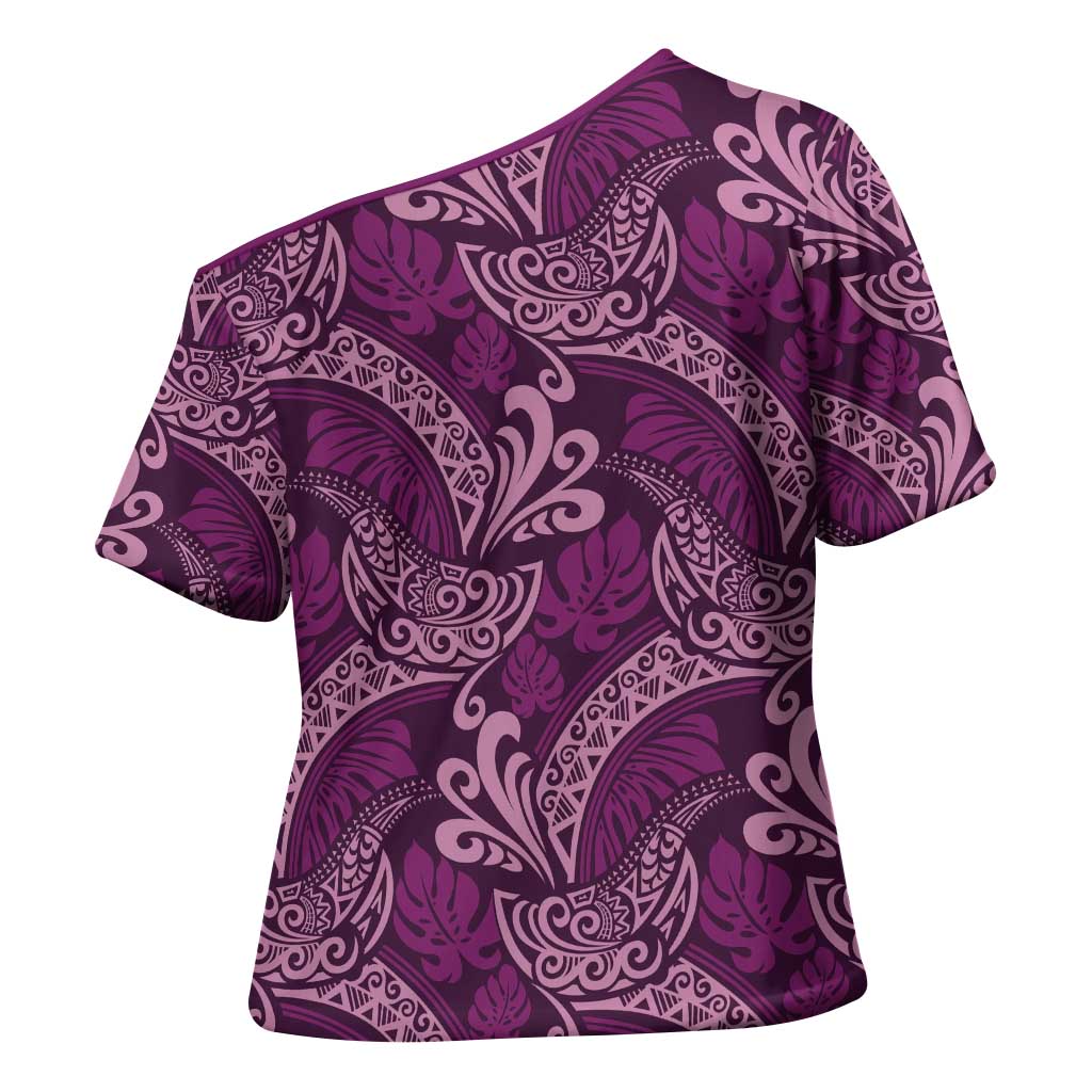 Royal Purple Monstera Cross Shoulder Shirt Polynesian Tribal Pattern - Polynesian Pride
