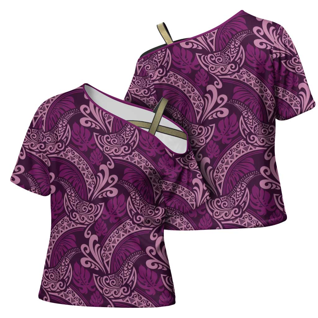 Royal Purple Monstera Cross Shoulder Shirt Polynesian Tribal Pattern - Polynesian Pride