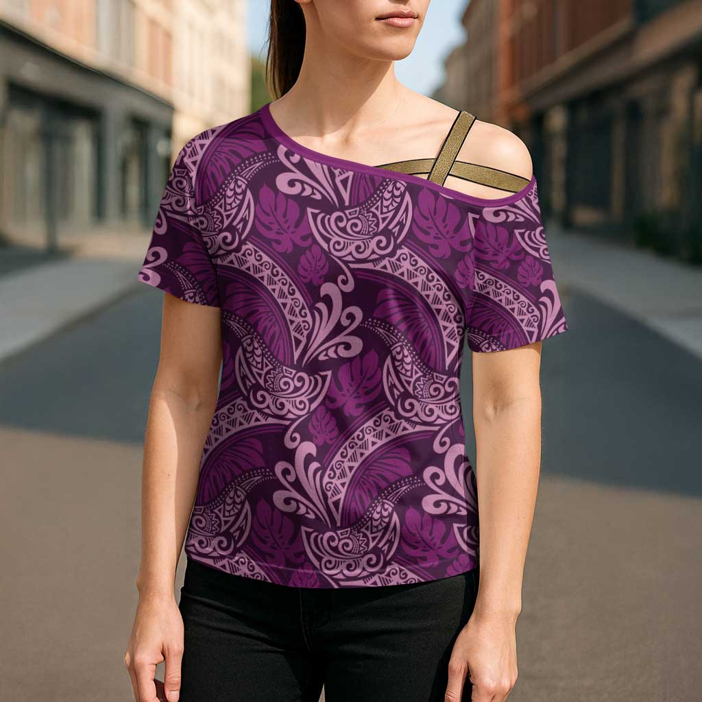 Royal Purple Monstera Cross Shoulder Shirt Polynesian Tribal Pattern - Polynesian Pride
