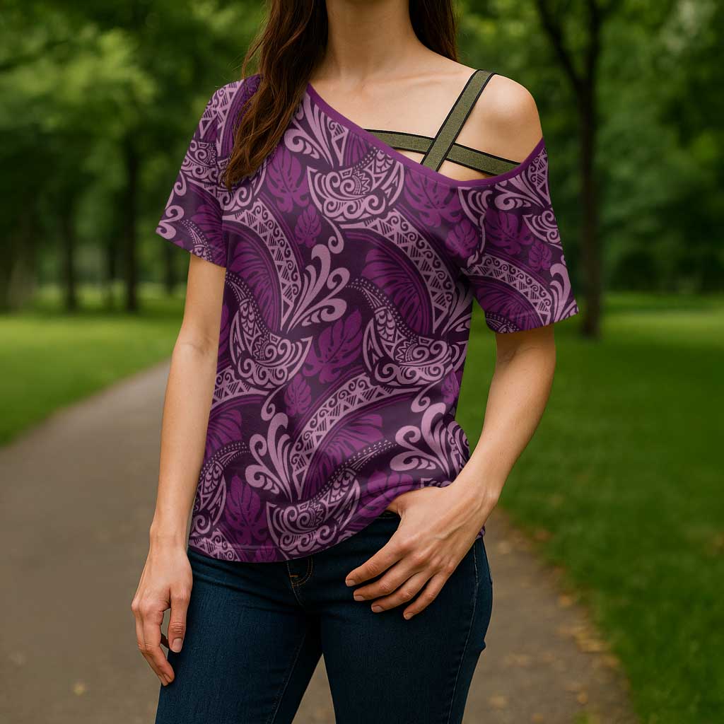 Royal Purple Monstera Cross Shoulder Shirt Polynesian Tribal Pattern - Polynesian Pride