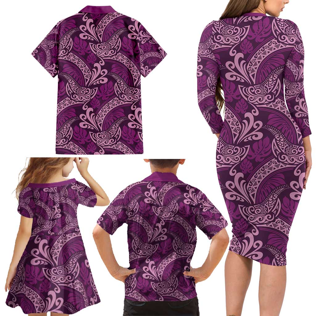 Royal Purple Monstera Family Matching Long Sleeve Bodycon Dress and Hawaiian Shirt Polynesian Tribal Pattern - Polynesian Pride