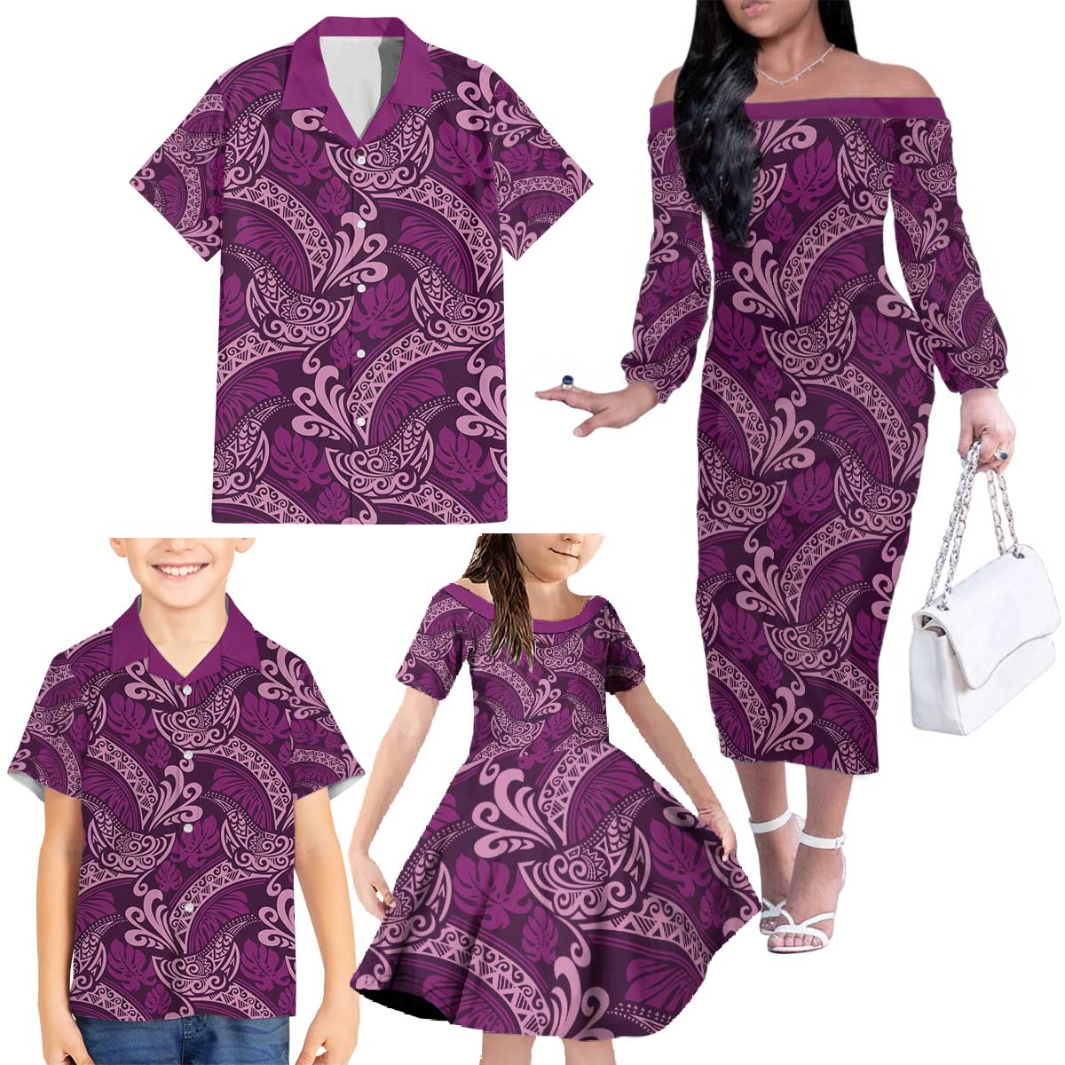 Royal Purple Monstera Family Matching Off The Shoulder Long Sleeve Dress and Hawaiian Shirt Polynesian Tribal Pattern - Polynesian Pride