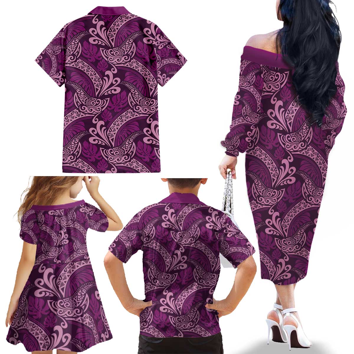 Royal Purple Monstera Family Matching Off The Shoulder Long Sleeve Dress and Hawaiian Shirt Polynesian Tribal Pattern - Polynesian Pride