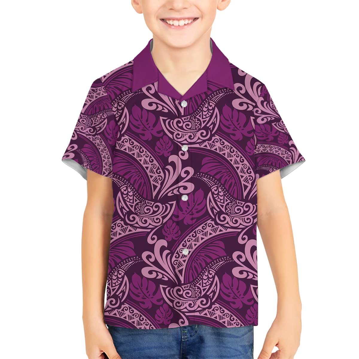Royal Purple Monstera Family Matching Off The Shoulder Long Sleeve Dress and Hawaiian Shirt Polynesian Tribal Pattern - Polynesian Pride