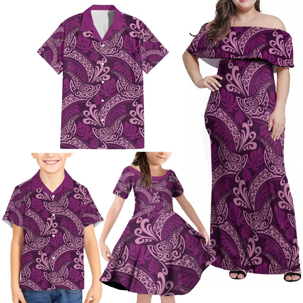 Royal Purple Monstera Family Matching Off Shoulder Maxi Dress and Hawaiian Shirt Polynesian Tribal Pattern - Polynesian Pride