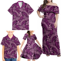 Royal Purple Monstera Family Matching Off Shoulder Maxi Dress and Hawaiian Shirt Polynesian Tribal Pattern - Polynesian Pride