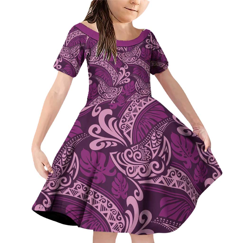 Royal Purple Monstera Family Matching Off Shoulder Short Dress and Hawaiian Shirt Polynesian Tribal Pattern - Polynesian Pride