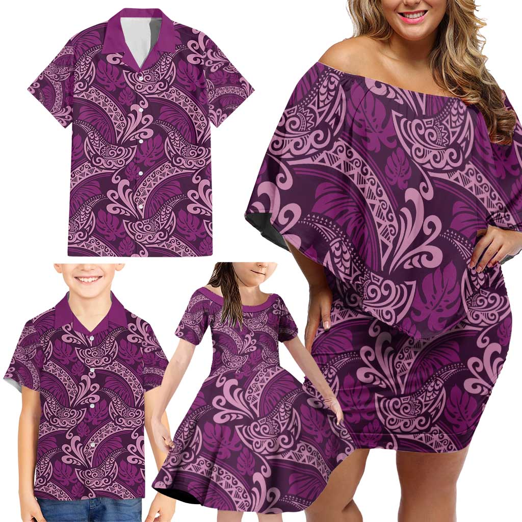 Royal Purple Monstera Family Matching Off Shoulder Short Dress and Hawaiian Shirt Polynesian Tribal Pattern - Polynesian Pride