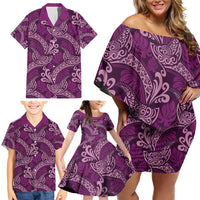 Royal Purple Monstera Family Matching Off Shoulder Short Dress and Hawaiian Shirt Polynesian Tribal Pattern - Polynesian Pride