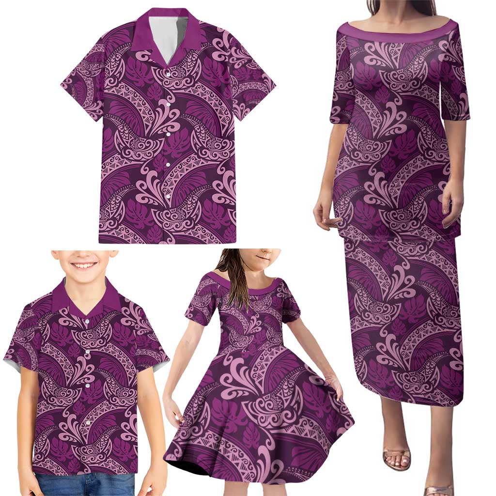 Royal Purple Monstera Family Matching Puletasi and Hawaiian Shirt Polynesian Tribal Pattern - Polynesian Pride