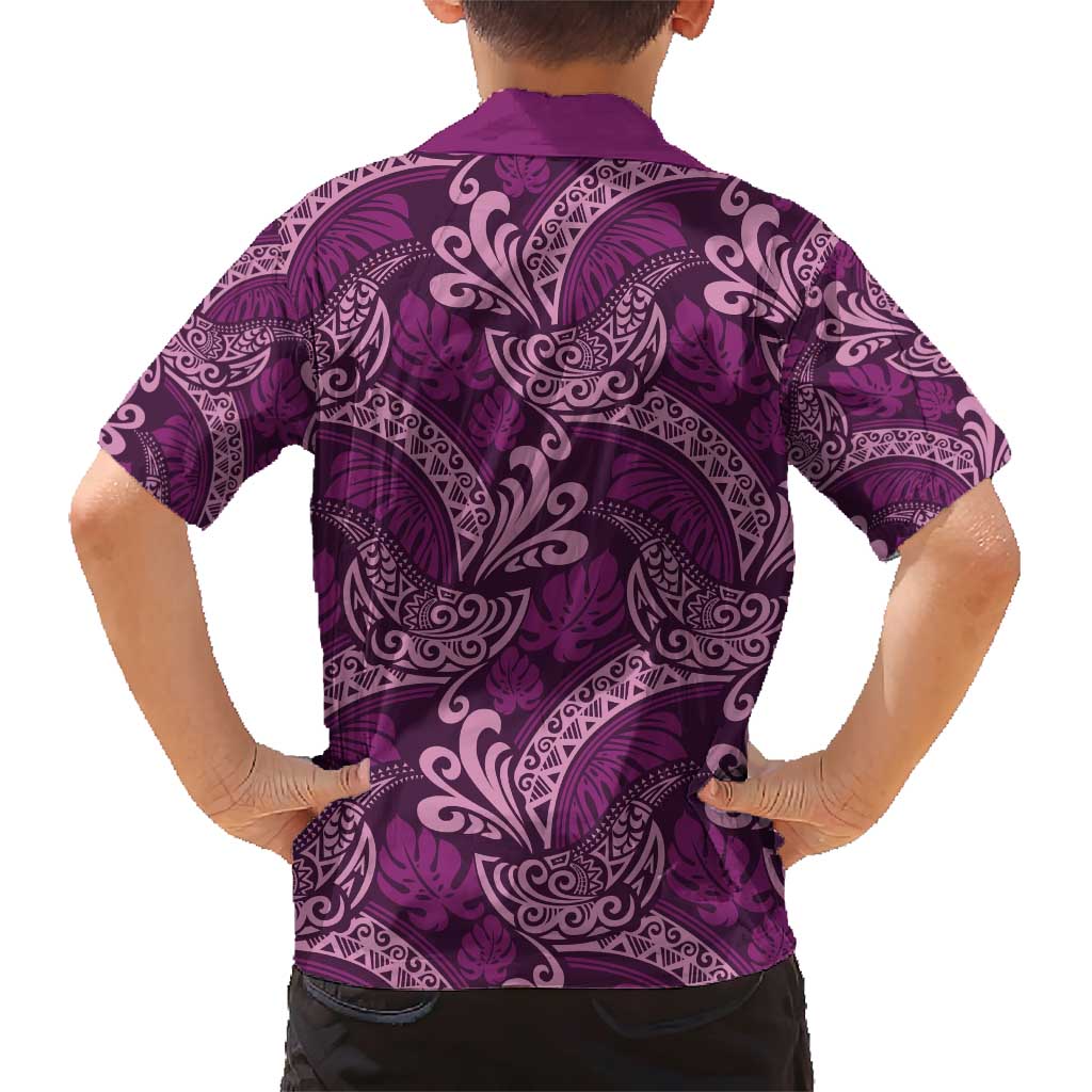 Royal Purple Monstera Family Matching Short Sleeve Bodycon Dress and Hawaiian Shirt Polynesian Tribal Pattern - Polynesian Pride