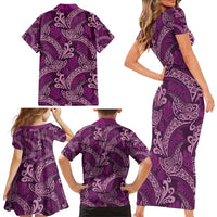 Royal Purple Monstera Family Matching Short Sleeve Bodycon Dress and Hawaiian Shirt Polynesian Tribal Pattern - Polynesian Pride
