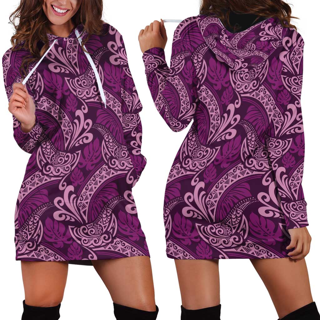 Royal Purple Monstera Hoodie Dress Polynesian Tribal Pattern - Polynesian Pride