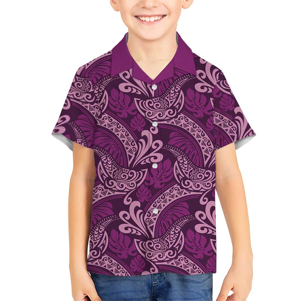 Royal Purple Monstera Kid Hawaiian Shirt Polynesian Tribal Pattern - Polynesian Pride