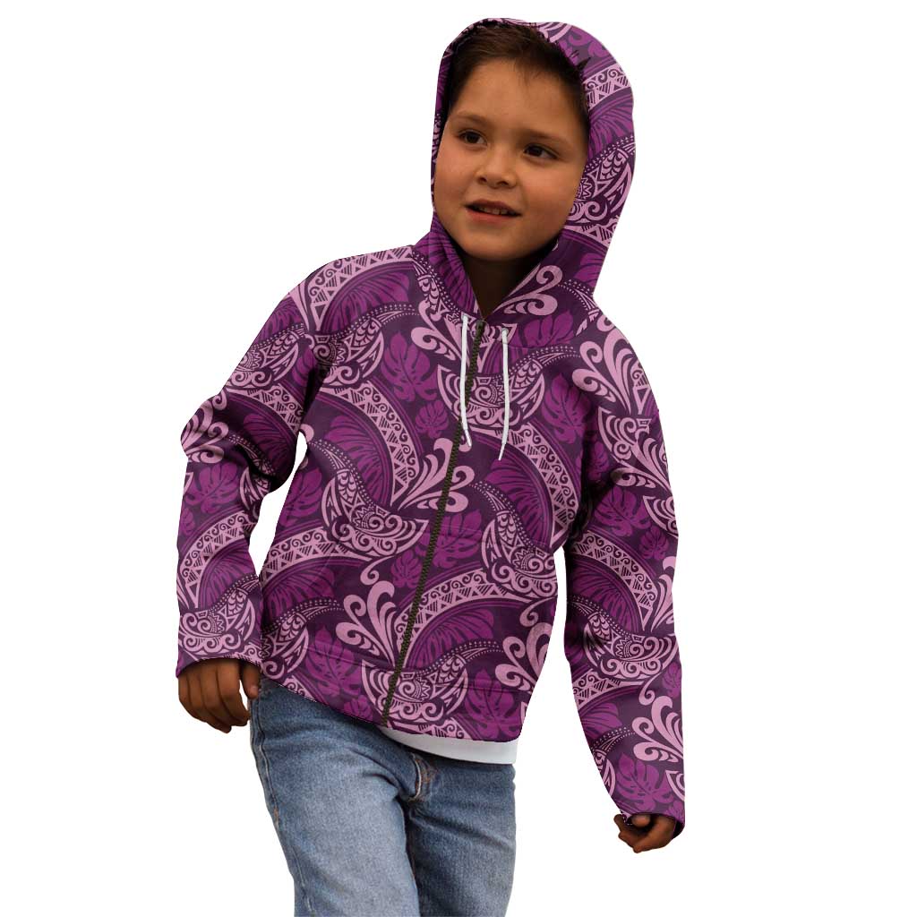 Royal Purple Monstera Kid Hoodie Polynesian Tribal Pattern - Polynesian Pride