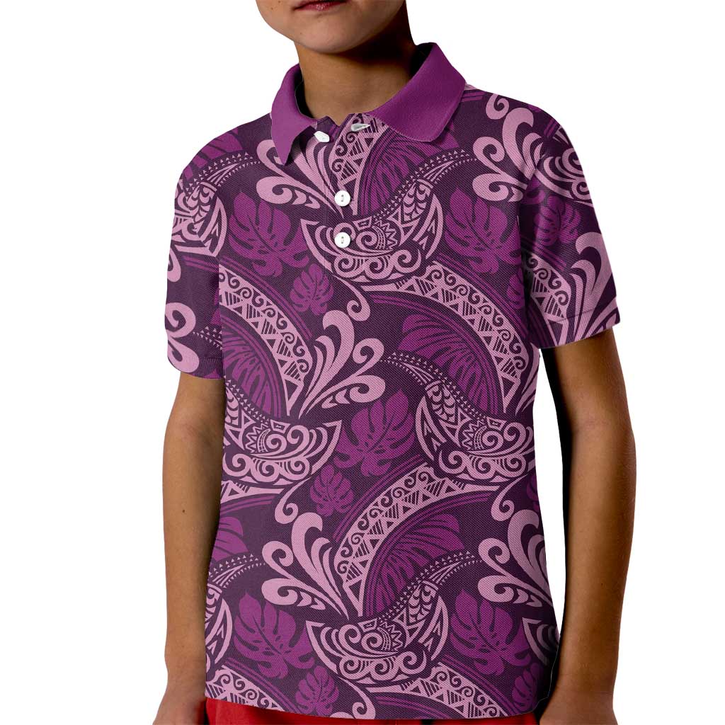 Royal Purple Monstera Kid Polo Shirt Polynesian Tribal Pattern - Polynesian Pride