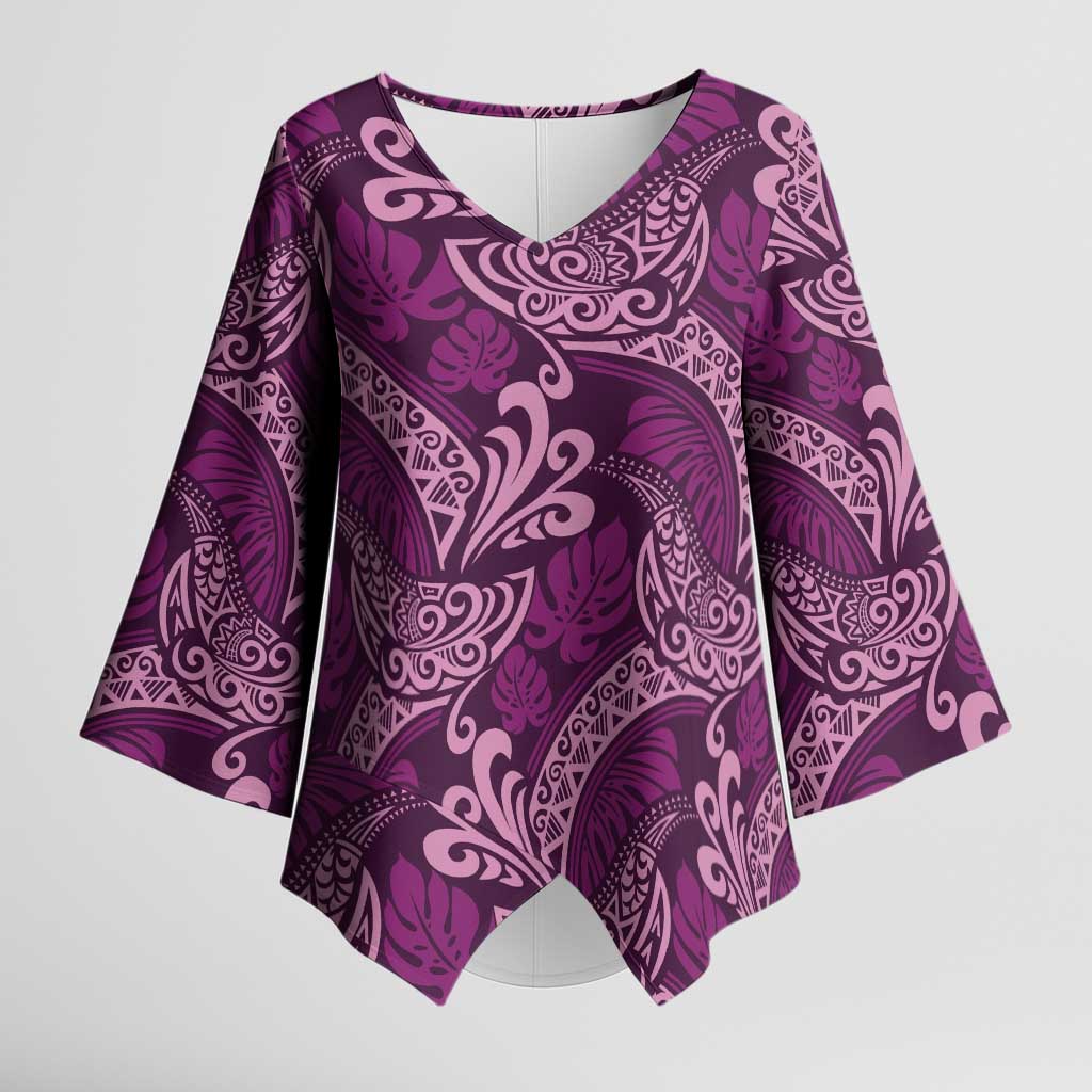 Royal Purple Monstera Kimono Sleeve Blouse Polynesian Tribal Pattern - Polynesian Pride
