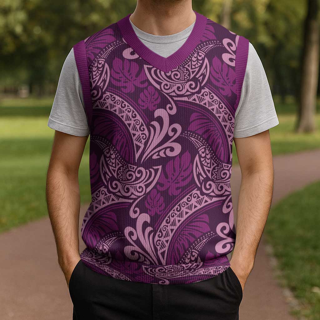 Royal Purple Monstera Christmas Knitted V-Neck Vest Polynesian Tribal Pattern - Polynesian Pride