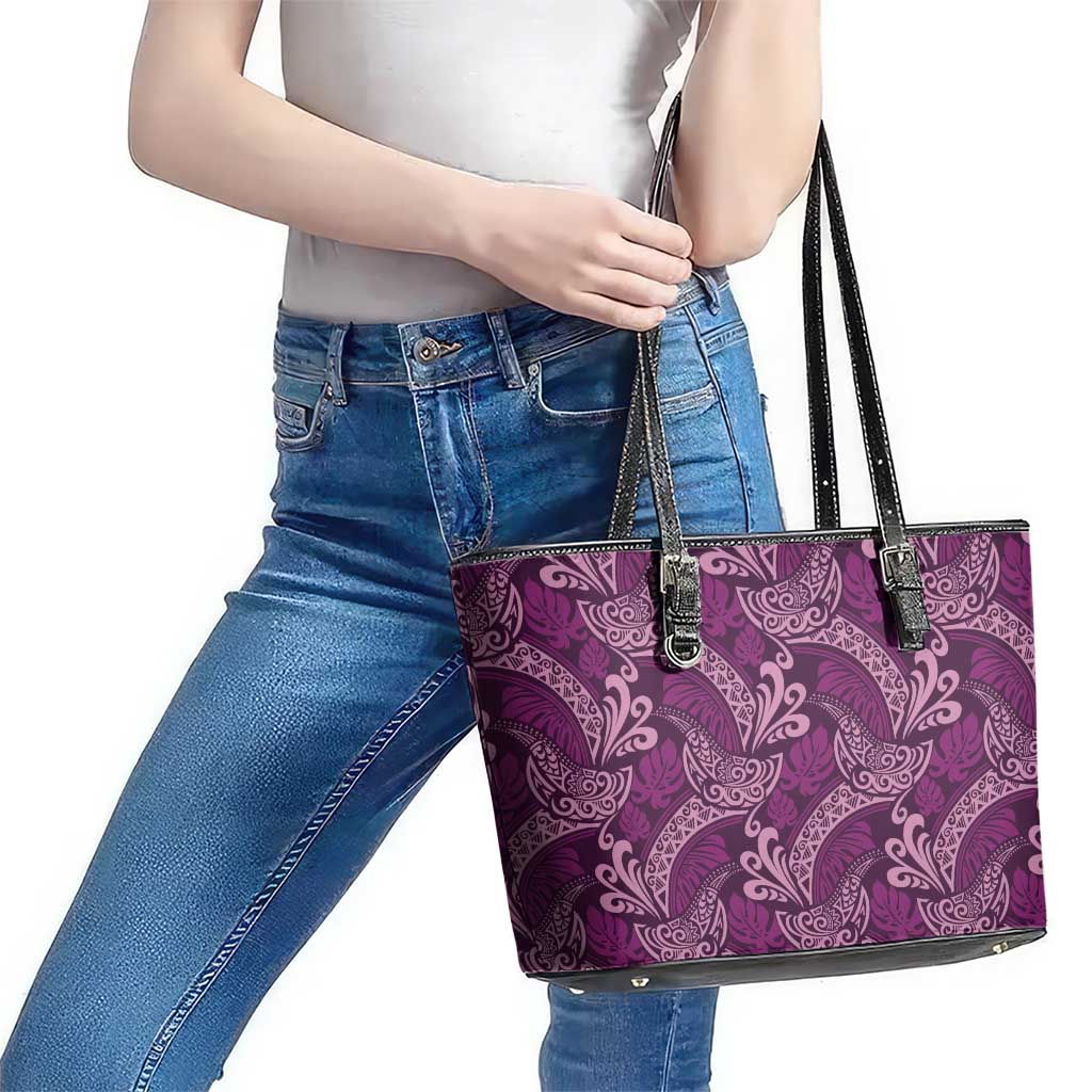 Royal Purple Monstera Leather Tote Bag Polynesian Tribal Pattern - Polynesian Pride