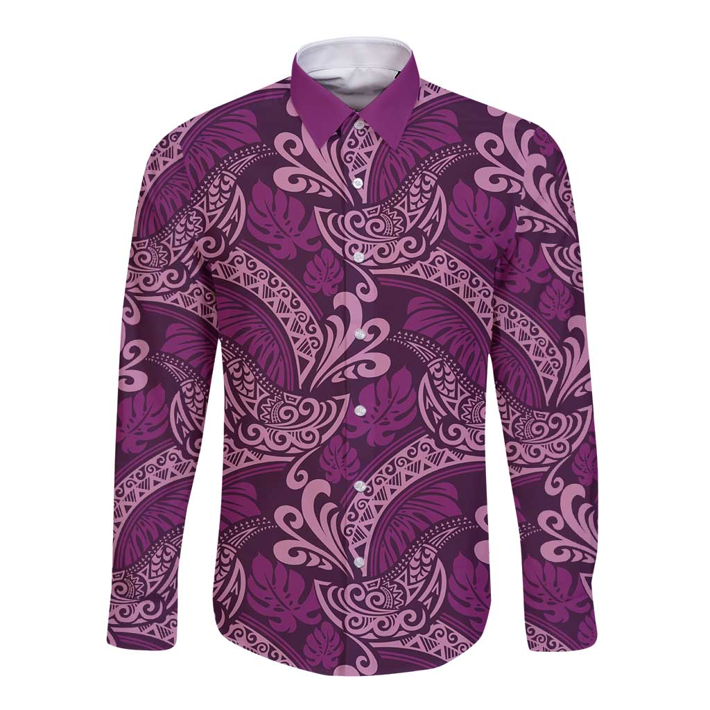 Royal Purple Monstera Long Sleeve Button Shirt Polynesian Tribal Pattern - Polynesian Pride