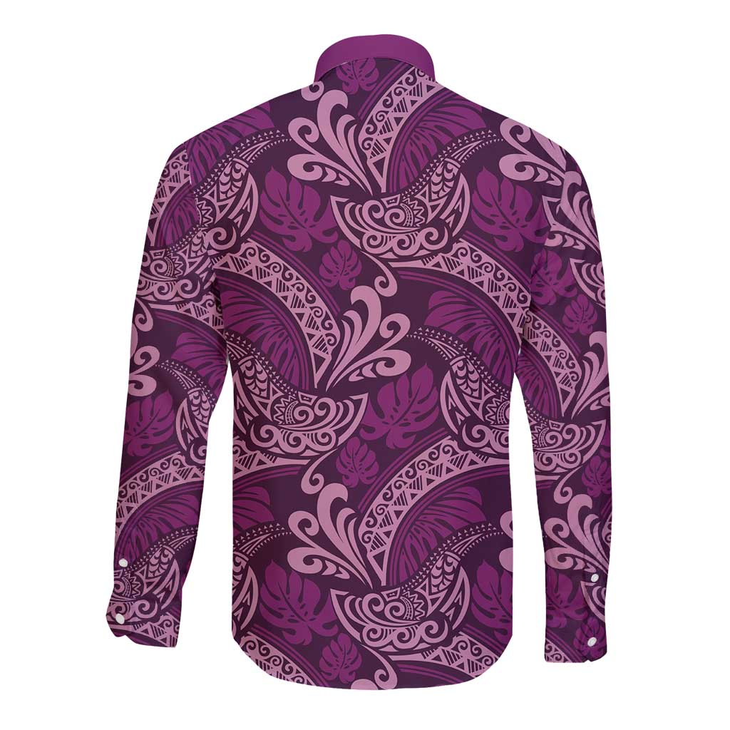Royal Purple Monstera Long Sleeve Button Shirt Polynesian Tribal Pattern - Polynesian Pride
